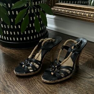 Black leather sandal heel